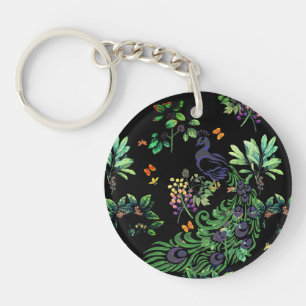 Ornate Peacock and Vintage Floral Keychain
