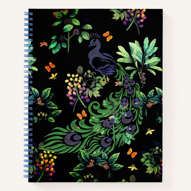 Ornate Peacock and Vintage Floral Notebook (Front)