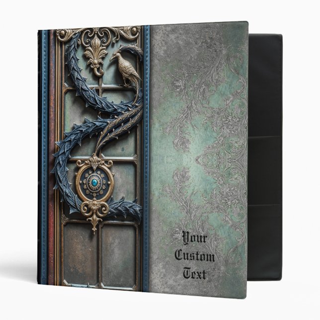 Ornate Peacock Blue Leather Custom 3 Ring Binder (Front/Inside)