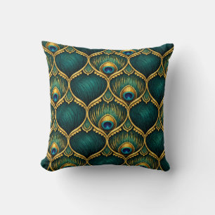 Ornate Peacock Feather Pattern in Emerald & Gold Throw Pillow