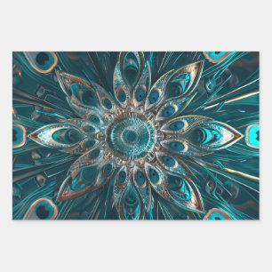 Ornate peacock feathers mandala wrapping paper sheets