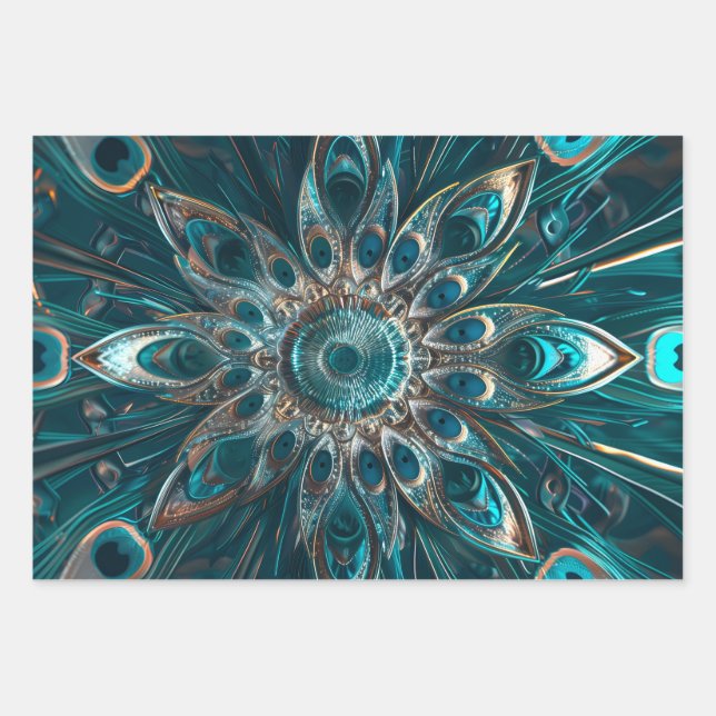 Ornate peacock feathers mandala wrapping paper sheets (Front)