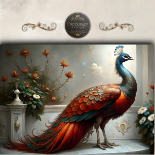 Ornate Peacock Portrait Red Decoupage Tissue Paper