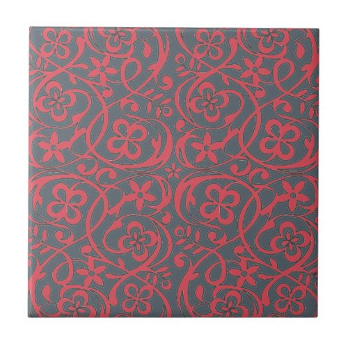 Ornate Pink and Grey Flower Pattern Ceramic Tile