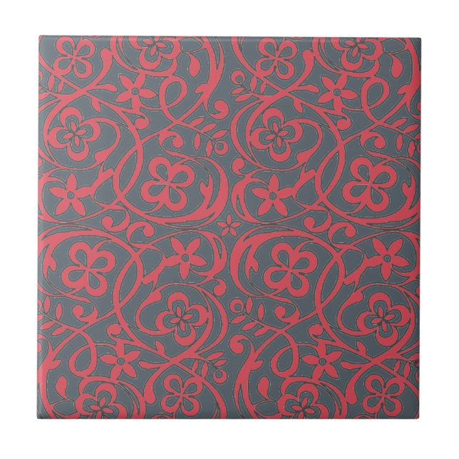 Ornate Pink and Grey Flower Pattern Ceramic Tile (Front)