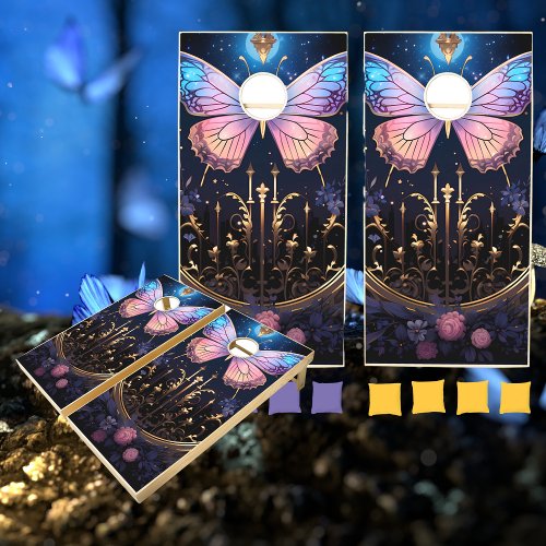 Ornate Pink Blue Gold Stylish Butterfly Cornhole Set
