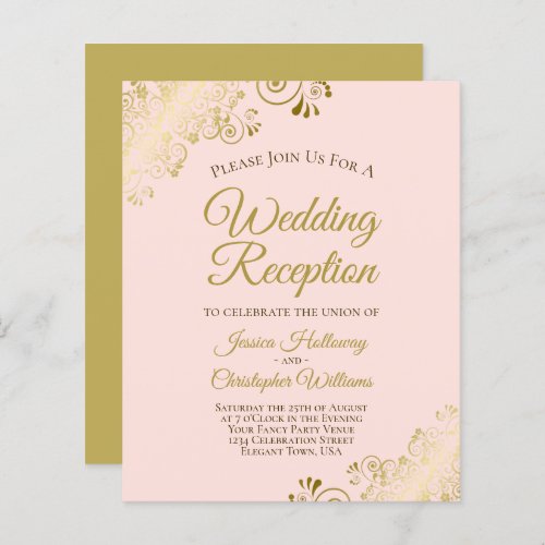 Ornate Pink  Gold Budget Wedding Reception Invite