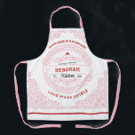 Ornate PINK Happiness is Homemade Artisan Baking Apron<br><div class="desc">Put your favorite chef's name up front and center on this trending classy design. Ornate PINK Scroll Lines includes the text "Happiness is Homemade" and "Love made edible". This apron makes anyone look like a true professional with a 'logo' designed just for them. With space for Your Name and year...</div>