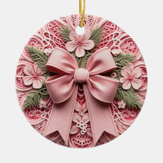 Ornate Pink Lace Bow Ceramic Ornament