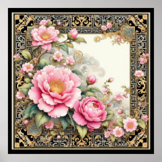 Ornate Pink Peony in a fancy Chinoiserie frame Poster