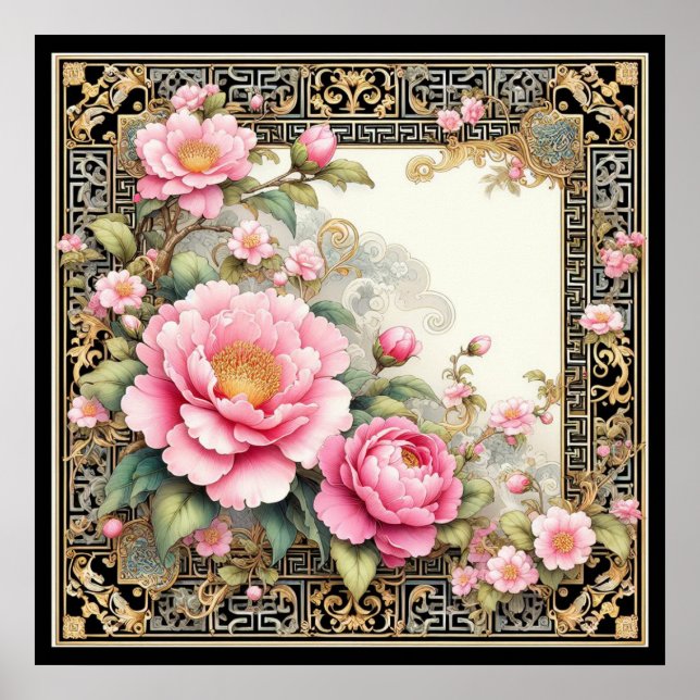 Ornate Pink Peony in a fancy Chinoiserie frame Poster (Front)