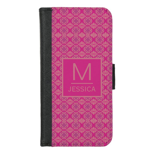 Ornate Pink Purple Geometric Pattern Personalised iPhone Wallet Case (Front)