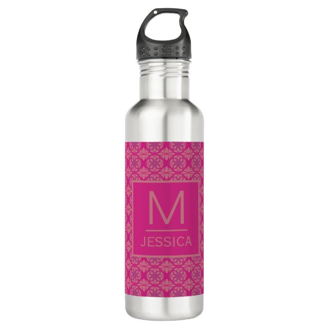 Ornate Pink Purple Geometric Pattern Personalised Stainless Steel Water Bottle (Front)