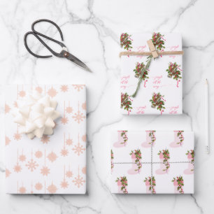Ornate Pink Snowflakes, Stockings and Bells Wrapping Paper Sheets