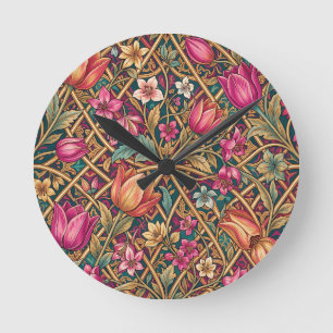 Ornate Pink Tulip Floral William Morris Style  Round Clock