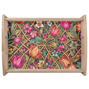 Ornate Pink Tulip Floral William Morris Style Serving Tray