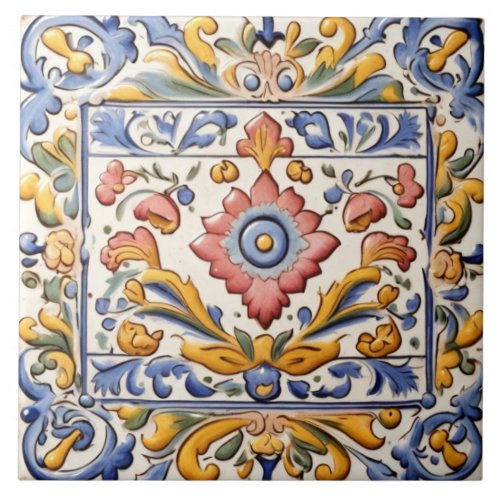 Ornate Pink Yellow Blue Flower Floral Ceramic Tile