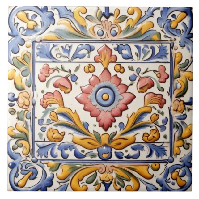 Ornate Pink Yellow Blue Flower Floral Ceramic Tile (Front)