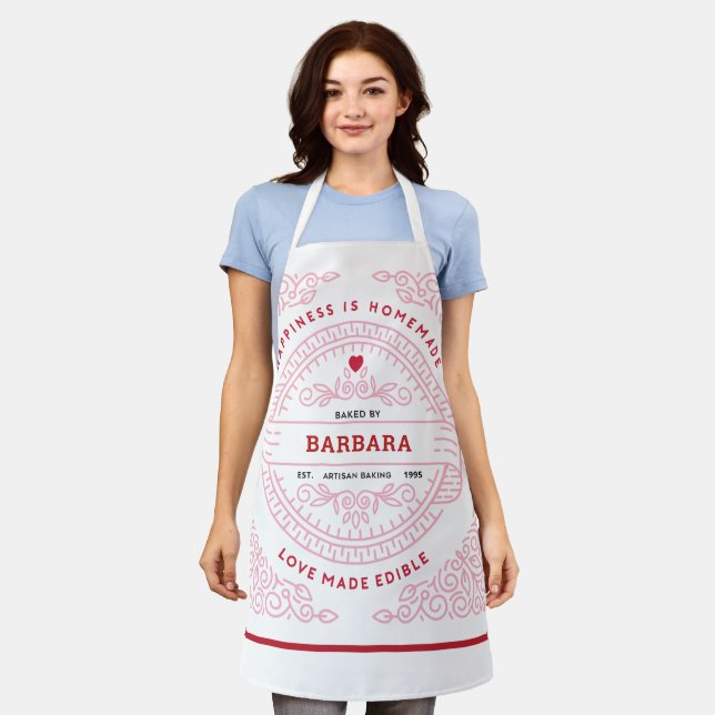 Ornate PINKS Scroll Love Made Edible Hipster Lines Apron (Worn)