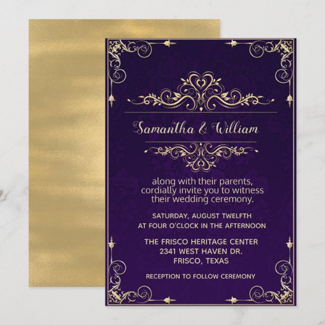 Ornate Purple and Gold Wedding Invitation (Front/Back)