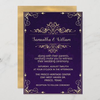 Ornate Purple And Gold Wedding Invitation by Hannahscloset at Zazzle
