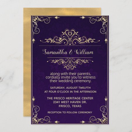 Ornate Purple And Gold Wedding Invitation