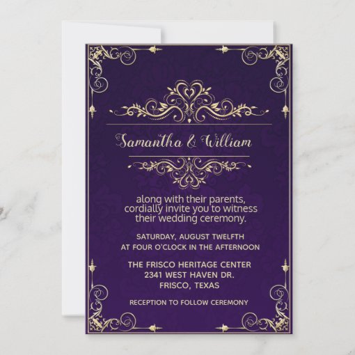 Ornate Purple and Gold Wedding Invitation | Zazzle