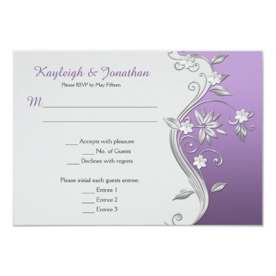 Ornate Purple and Silver Flowers Swirls Menu RSVP Invitation