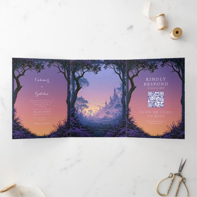 Ornate Purple Arch Fantasy Castle Sunset Wedding Tri-Fold Invitation (Inside)