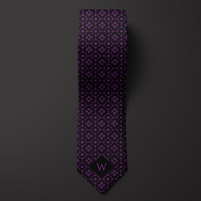 Ornate Purple & Black Arabesque Monogram Neck Tie (Creator Uploaded)