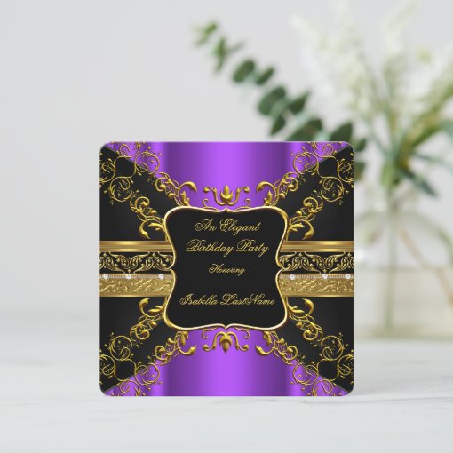 Ornate Purple Black Gold Birthday Party Invitation | Zazzle