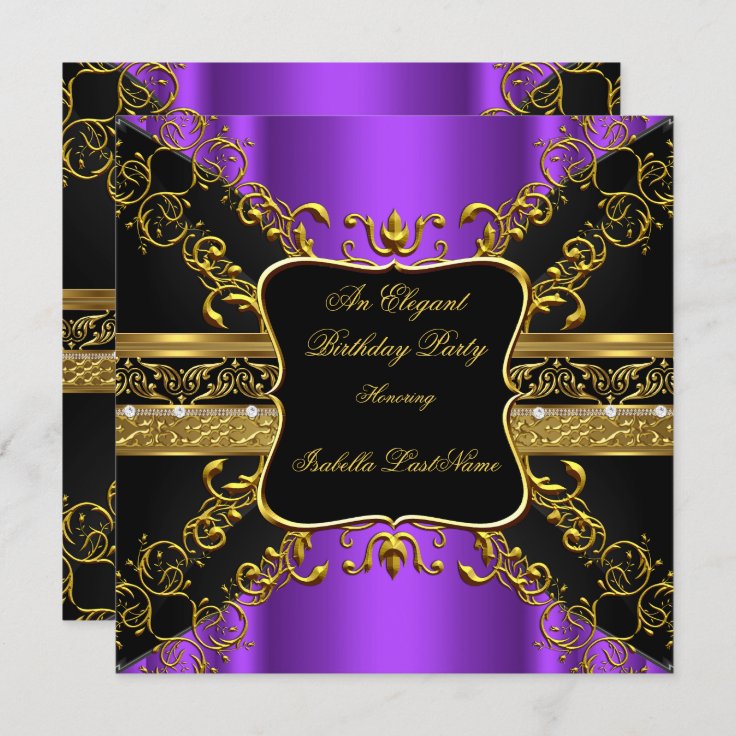 Ornate Purple Black Gold Birthday Party Invitation | Zazzle