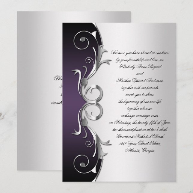 Ornate Purple Black Silver Wedding Celebration Invitation (Front/Back)