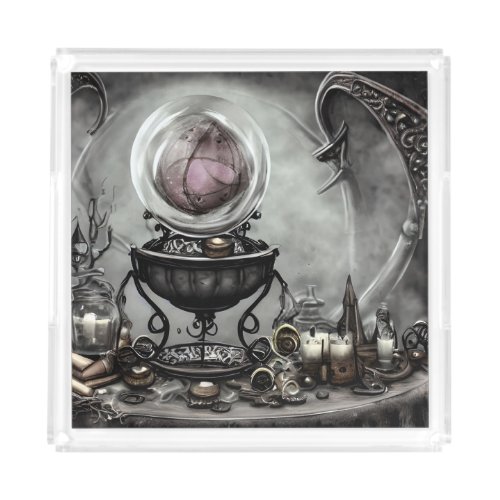 Ornate Purple Crystal Ball and Witchcraft Items Acrylic Tray