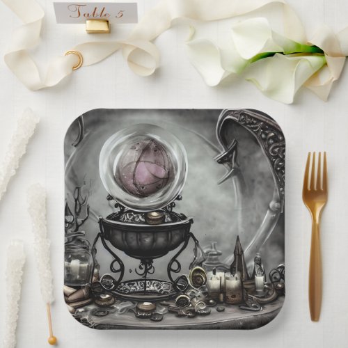 Ornate Purple Crystal Ball and Witchcraft Items Paper Plates
