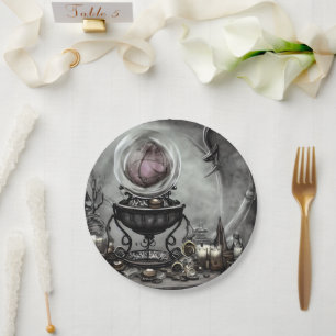 Ornate Purple Crystal Ball and Witchcraft Items Paper Plates