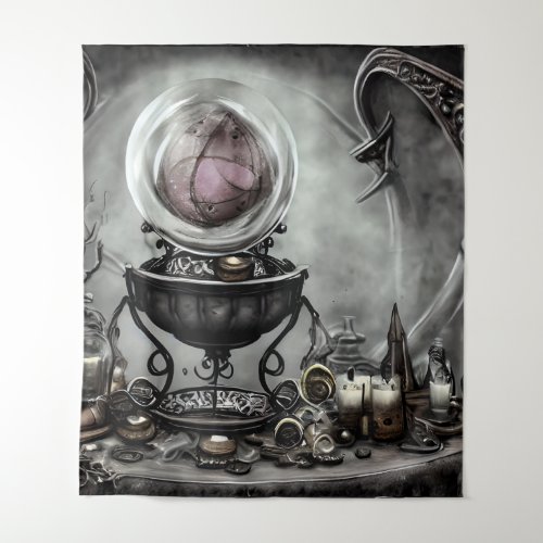 Ornate Purple Crystal Ball and Witchcraft Items Tapestry