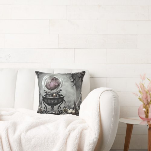 Ornate Purple Crystal Ball and Witchcraft Items Throw Pillow