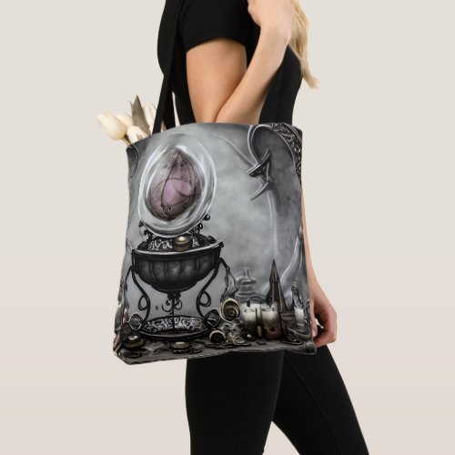 Ornate Purple Crystal Ball and Witchcraft Items Tote Bag