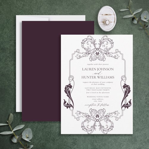 Ornate Purple Floral Line Art Monogram Wedding Invitation