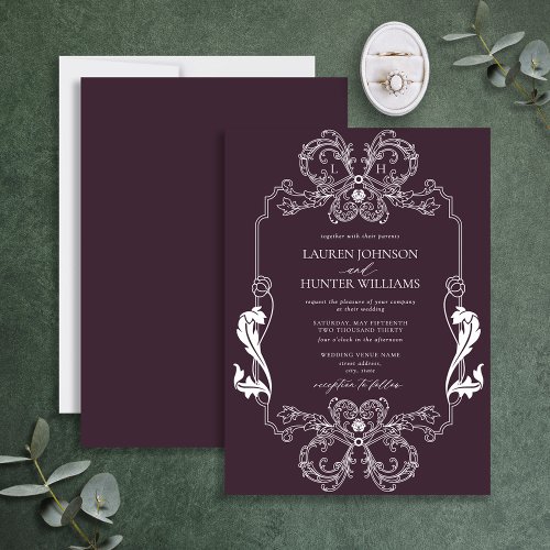 Ornate Purple Floral Line Art Monogram Wedding Invitation