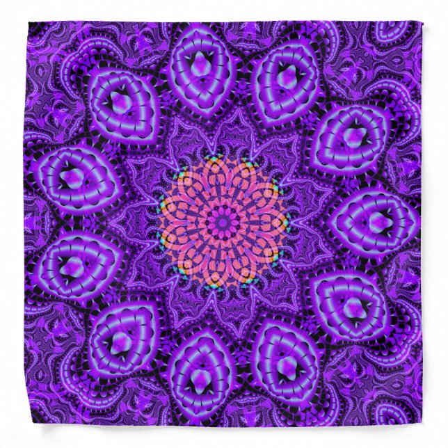 Ornate Purple Flower Vibrations Kaleidoscope Art Bandana (Front)