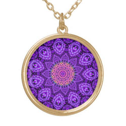 Ornate Purple Flower Vibrations Kaleidoscope Art Gold Plated Necklace