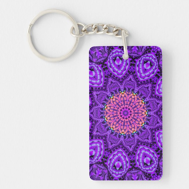 Ornate Purple Flower Vibrations Kaleidoscope Art Keychain (Front)