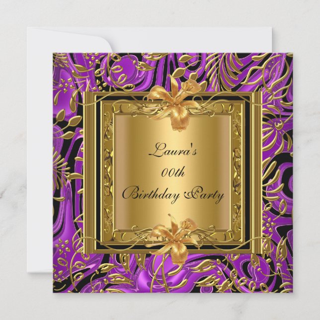 Ornate Purple Gold Damask Birthday Party Invitation (Front)