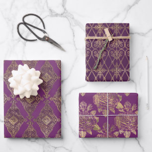 ORNATE PURPLE & GOLD PATTERNS & FLOWERS WRAPPING PAPER SHEETS