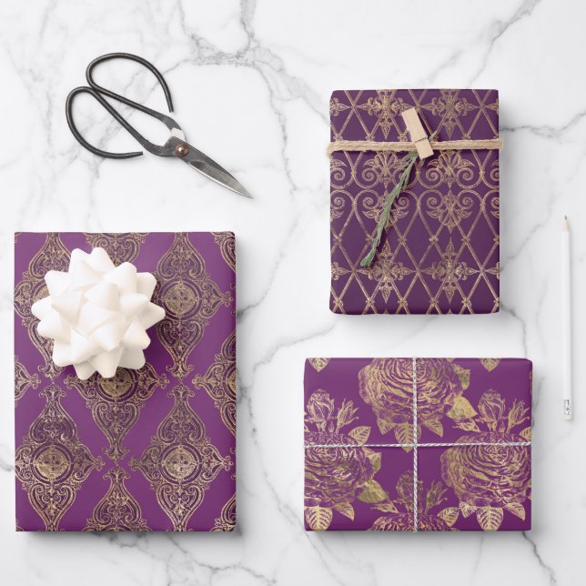 ORNATE PURPLE & GOLD PATTERNS & FLOWERS WRAPPING PAPER SHEETS (Front)