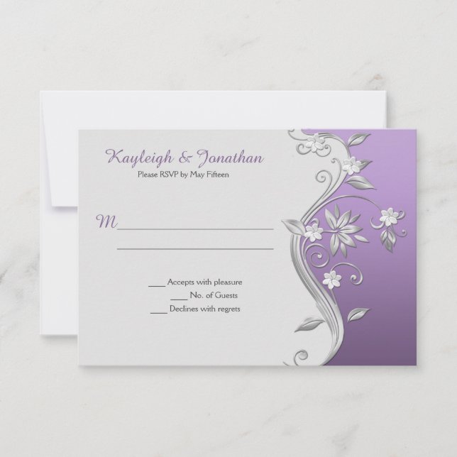 Ornate Purple Lavender Silver Flowers Swirls RSVP Invitation (Front)