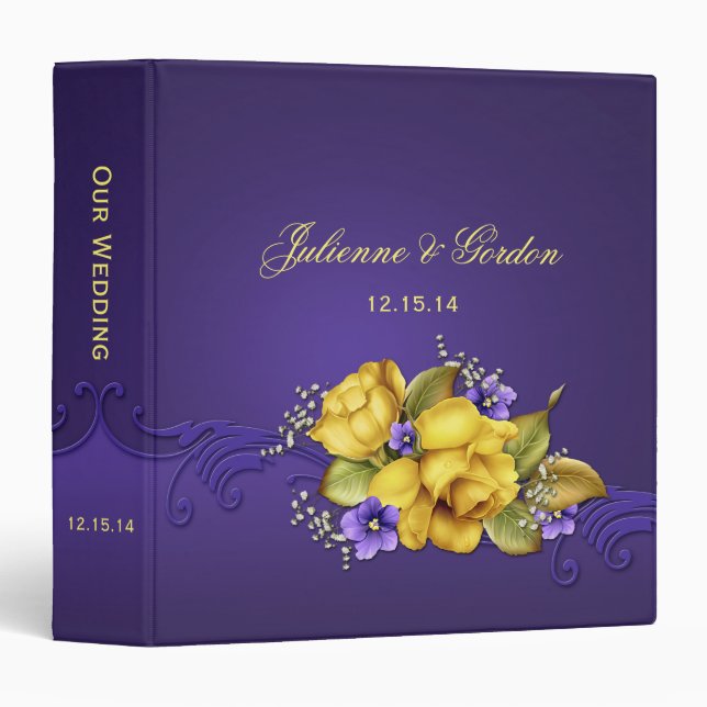 Ornate Purple Pansies Yellow Roses Wedding Album Binder (Front/Spine)
