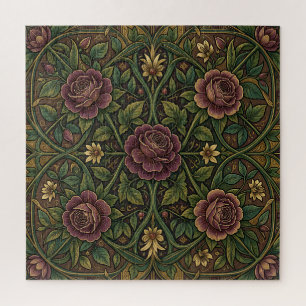 Ornate Purple Rose William Morris Style Floral Jigsaw Puzzle